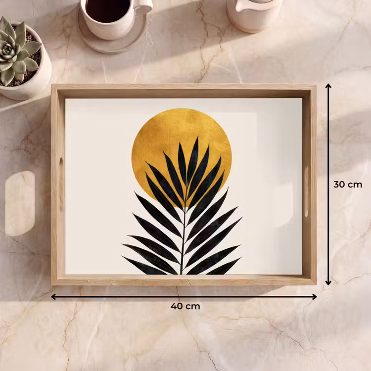 Zwart palmblad - Gouden cirkel - Beige achtergrond Dienblad Rechthoek middel -USP_Formaat