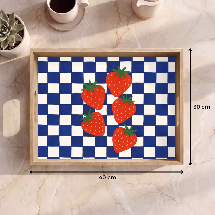 Geblokt - Blauw - Aardbeien Dienblad Rechthoek middel -USP_Formaat