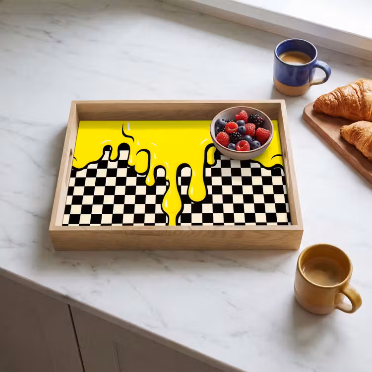 Geblokt - Grafisch - Vloeistof - Geel Dienblad Rechthoek middel -sfeer2