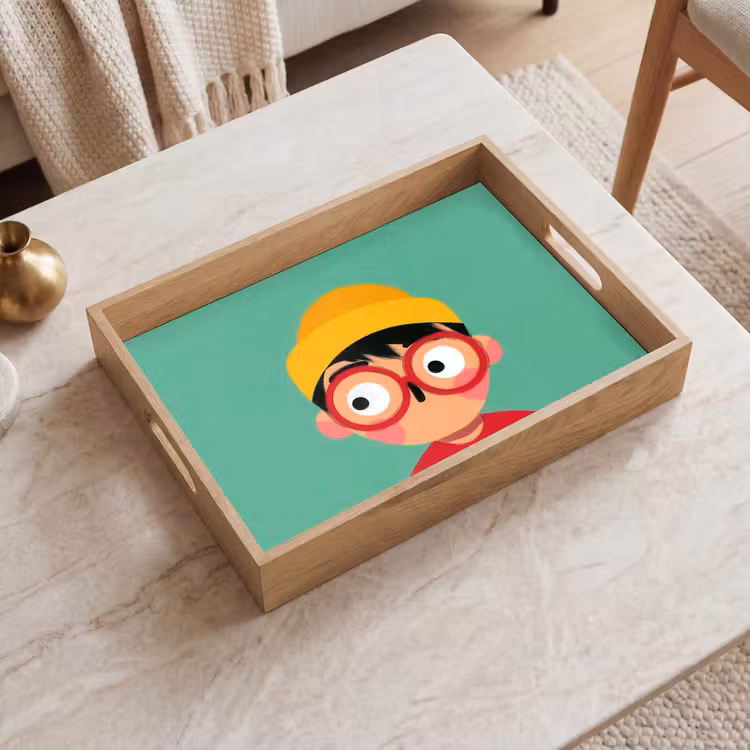 Jongen - Cartoon - Bril - Muts Dienblad Rechthoek middel -sfeer1