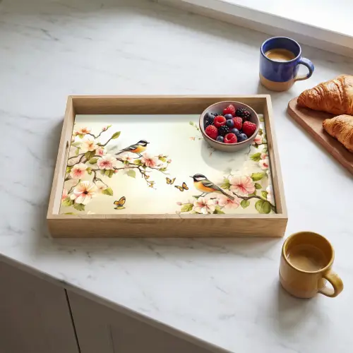 Takken - Bloemen - Vogeltjes - Roze Dienblad Rechthoek middel -sfeer2