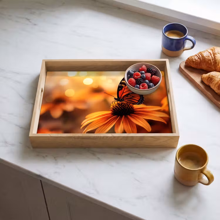 Vlinder - Bloemen - Oranje Dienblad Rechthoek middel -sfeer2