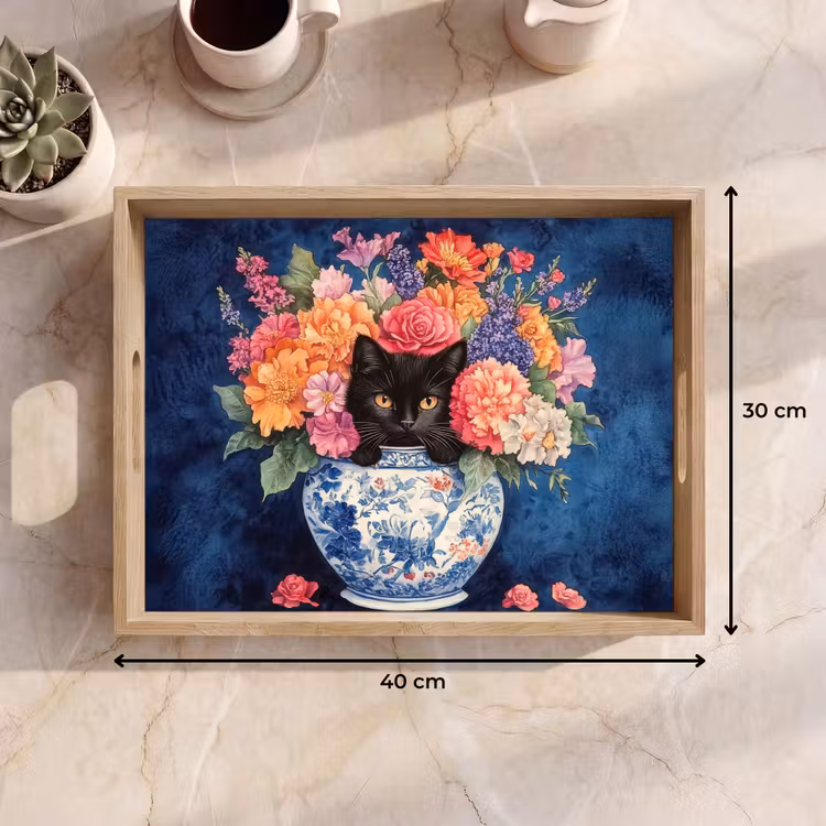 Kat - Felgekleurde bloemen - Vaas Dienblad Rechthoek middel -USP_Formaat