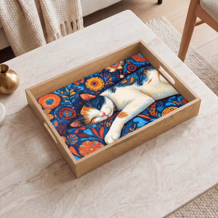 Kat - Bloemenpatroon - Blauw - Oranje Dienblad Rechthoek middel -sfeer1