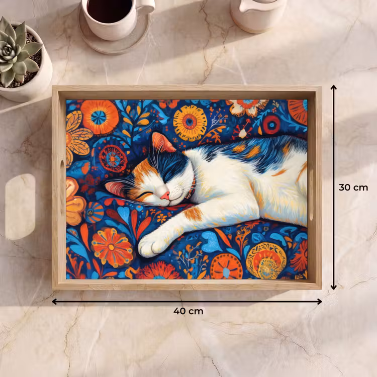 Kat - Bloemenpatroon - Blauw - Oranje Dienblad Rechthoek middel -USP_Formaat