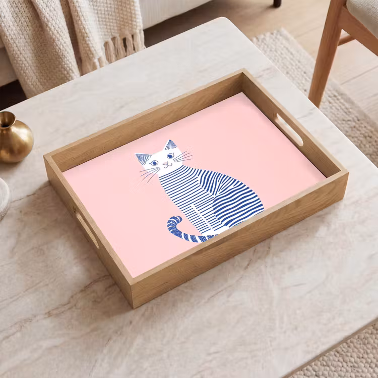 Kat - Illustratie - Minimalistisch - Roze Dienblad Rechthoek middel -sfeer1