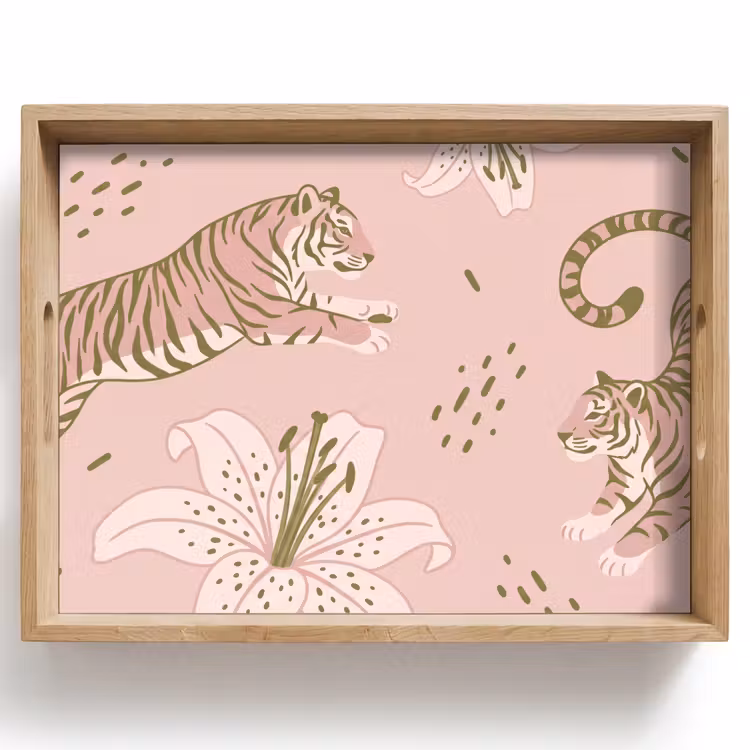Kat - Springend - Bloemen - Abstract - Roze Dienblad Rechthoek middel -z3d_shopping