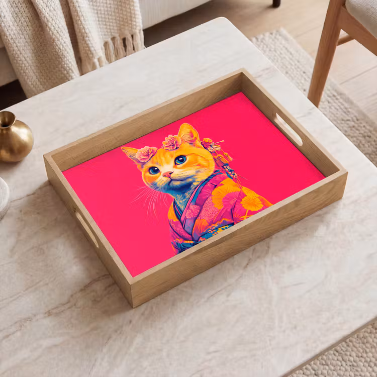 Kat - Kimono - Bloemen - Roze Dienblad Rechthoek middel -sfeer1