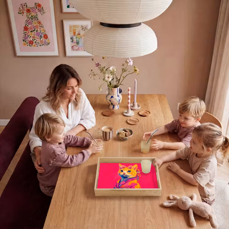 Kat - Kimono - Bloemen - Roze Dienblad Rechthoek middel -sfeer4