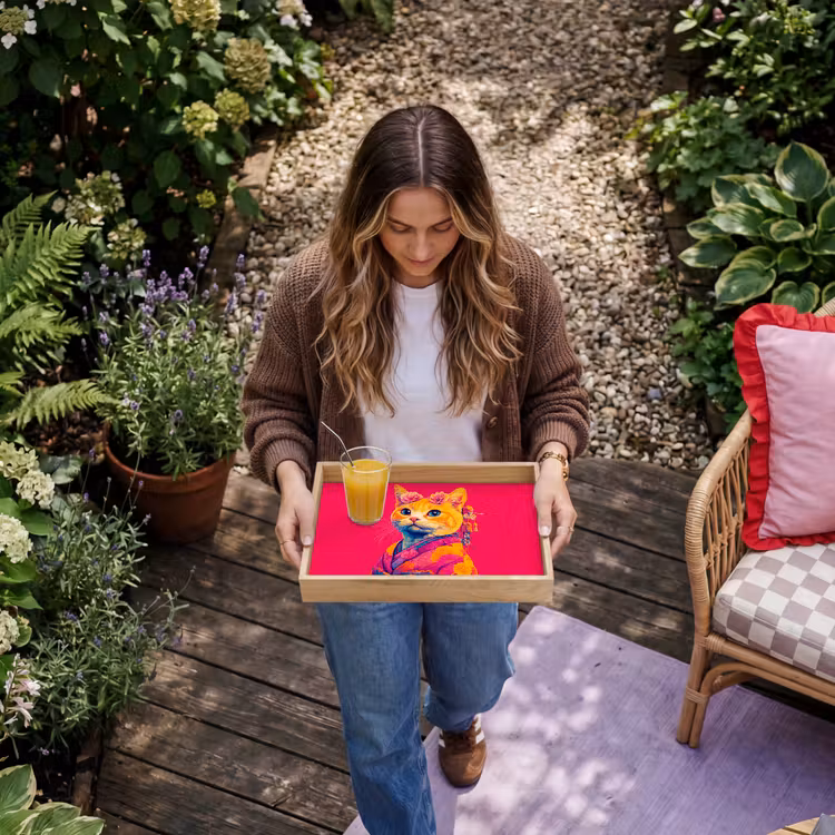 Kat - Kimono - Bloemen - Roze Dienblad Rechthoek middel -sfeer5