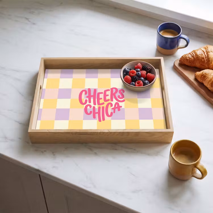 Cheers Chica - Ruitjes - Lila - Geel Dienblad Rechthoek middel -sfeer2