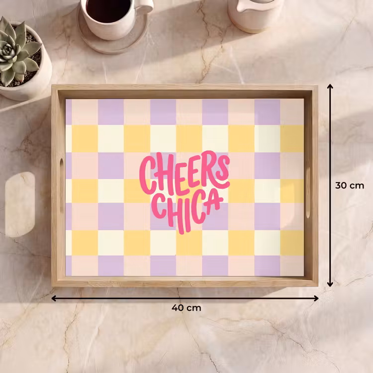 Cheers Chica - Ruitjes - Lila - Geel Dienblad Rechthoek middel -USP_Formaat