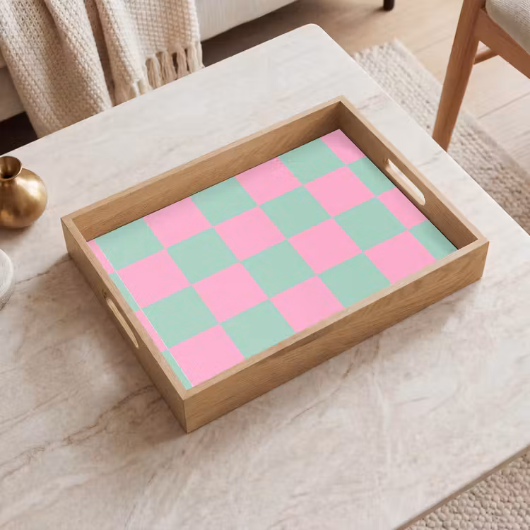 Schaakbord patroon - Groen - Roze - Blokjes Dienblad Rechthoek middel -sfeer1
