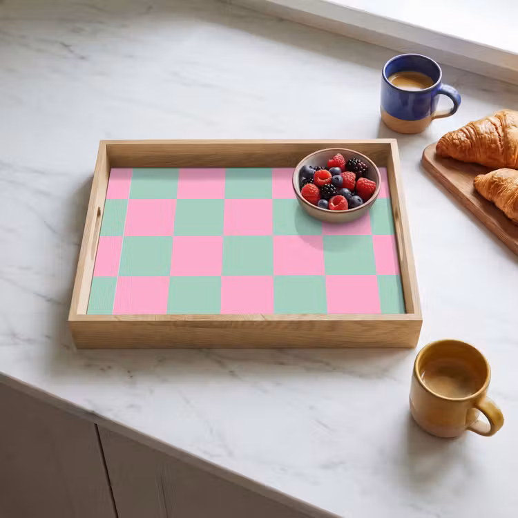 Schaakbord patroon - Groen - Roze - Blokjes Dienblad Rechthoek middel -sfeer2