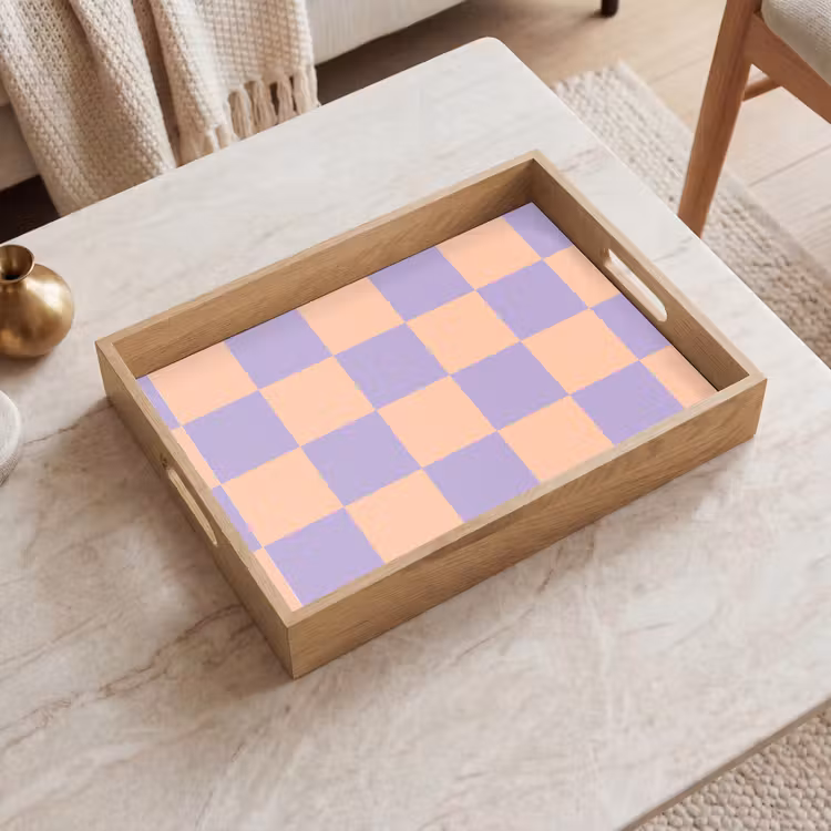 Schaakbord patroon - Paars - Roze - Blokjes Dienblad Rechthoek middel -sfeer1