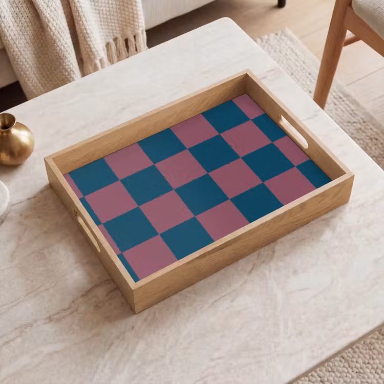 Schaakbord print - Blauw - Rood - Blokjes Dienblad Rechthoek middel -sfeer1