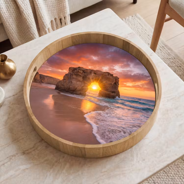 Kust - Rots - Zonsondergang - Zee - Natuur Dienblad Rond middel -sfeer1