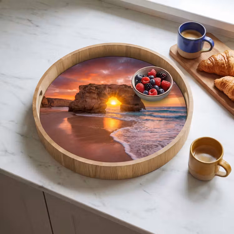 Kust - Rots - Zonsondergang - Zee - Natuur Dienblad Rond middel -sfeer2