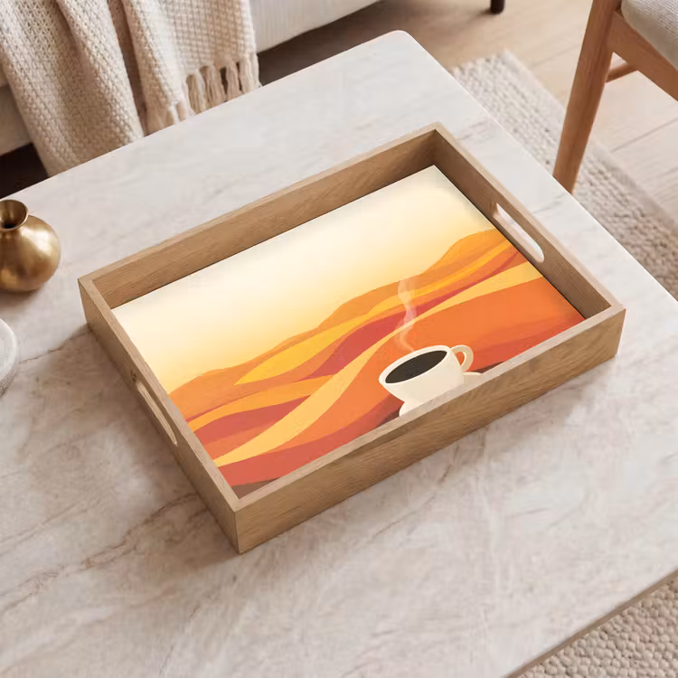 Koffie - Landschap - Oranje - Koffiebonen Dienblad Rechthoek middel -sfeer1