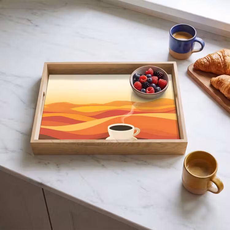 Koffie - Landschap - Oranje - Koffiebonen Dienblad Rechthoek middel -sfeer2