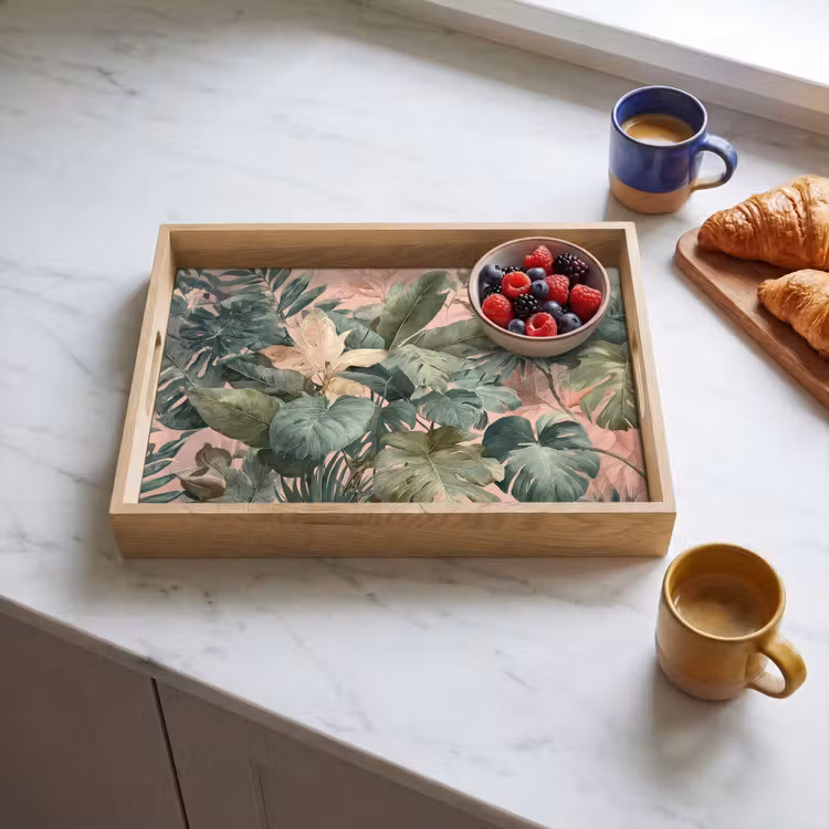 Compositie van bladeren - Groen - Roze Dienblad Rechthoek middel -sfeer2