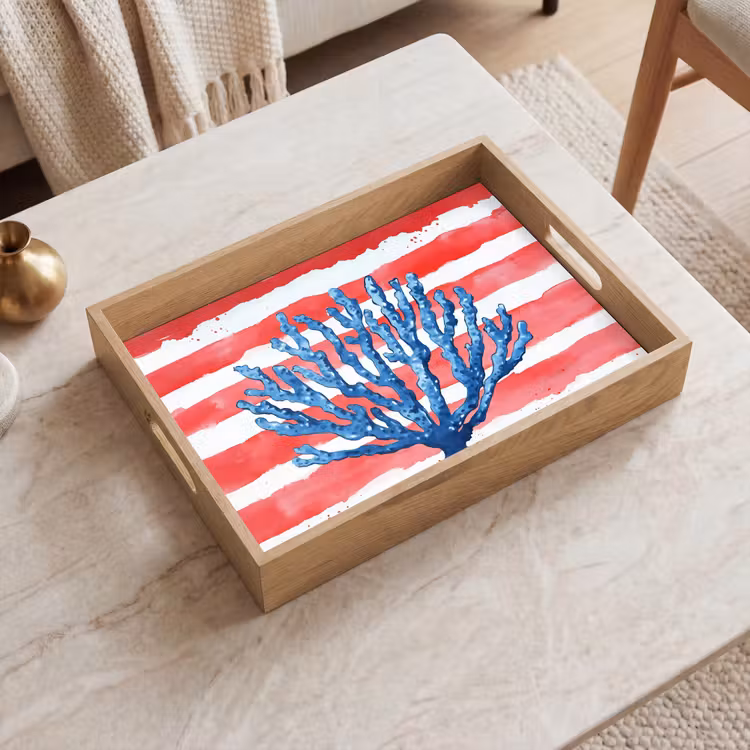 Koraal - Verfstructuur - Rood - Blauw Dienblad Rechthoek middel -sfeer1