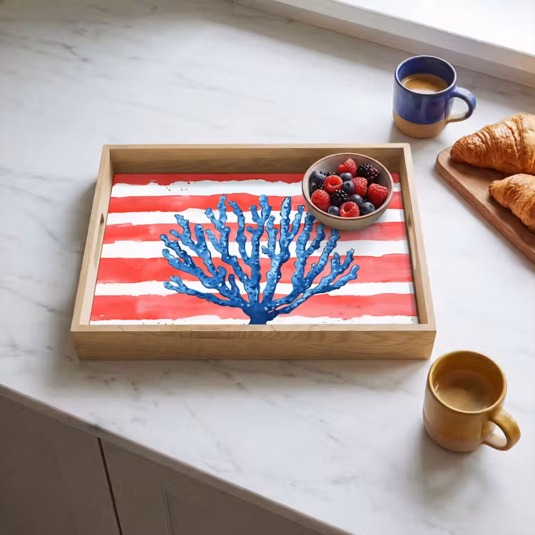 Koraal - Verfstructuur - Rood - Blauw Dienblad Rechthoek middel -sfeer2