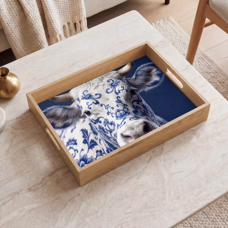 Koe - Delfts - Blauw - Artistiek Dienblad Rechthoek middel -sfeer1