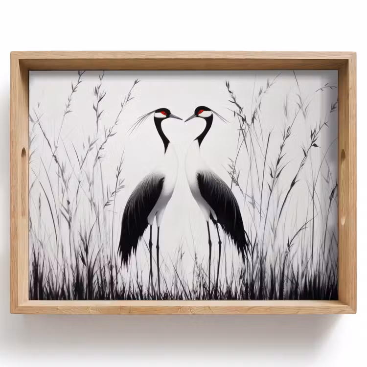 Kraanvogels - Gras - Hartvorm - Zwart Dienblad Rechthoek middel -z3d_shopping