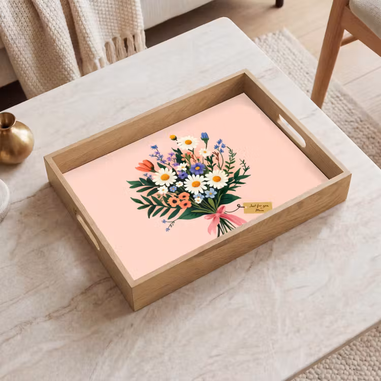 Margrieten - Boeket - Strikje - Roze Dienblad Rechthoek middel -sfeer1