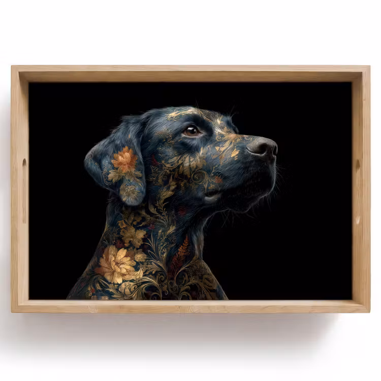 Hond - Zwart - Bloemen Dienblad Rechthoek middel -z3d_shopping