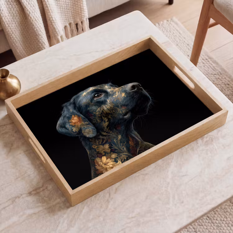 Hond - Zwart - Bloemen Dienblad Rechthoek middel -sfeer1