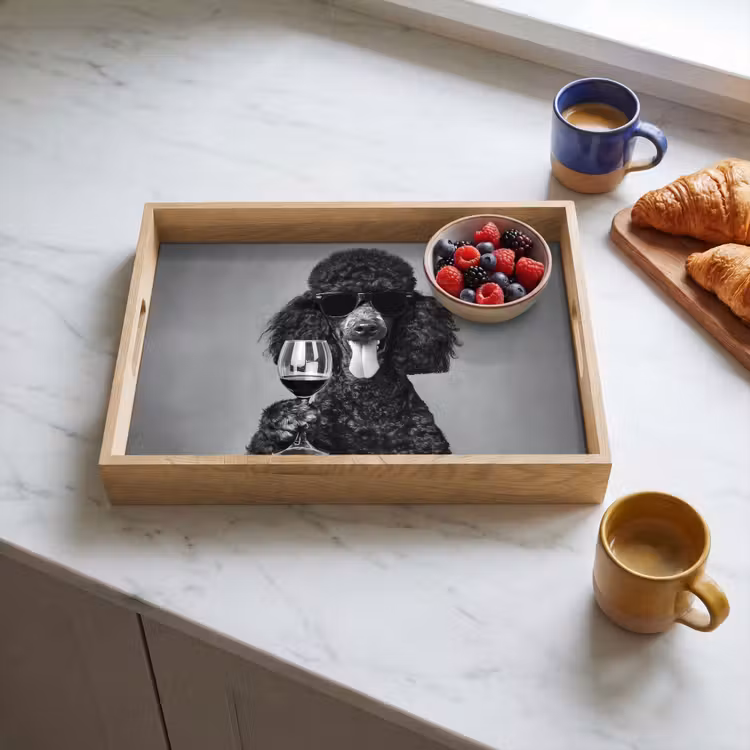 Hond - Krullen - Zonnebril - Wijn Dienblad Rechthoek middel -sfeer2