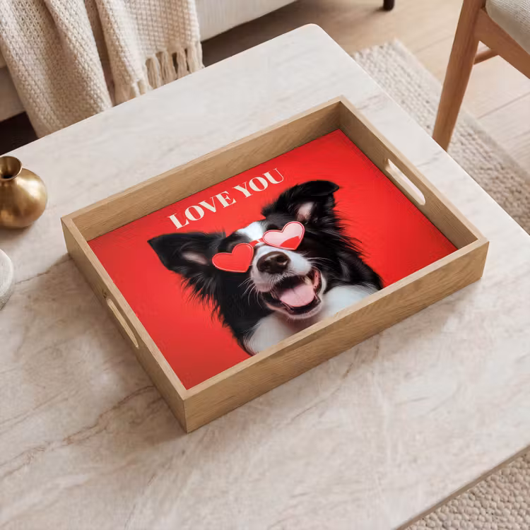 Hond - Hartjesbril - Loveyou - Rood Dienblad Rechthoek middel -sfeer1