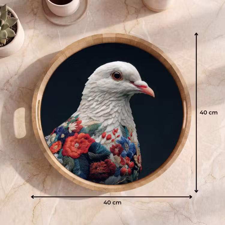 Duif - Bloemen - Wit - Zwart Dienblad Rond middel -USP_Formaat