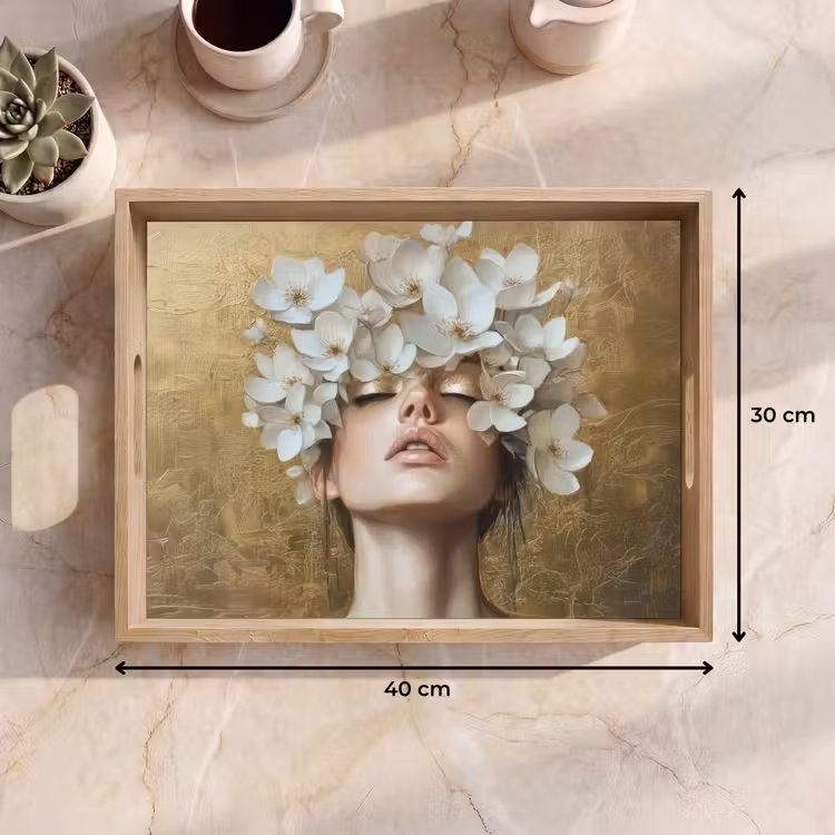 Gezicht - Bloemen - Goud - Abstract Dienblad Rechthoek middel -USP_Formaat