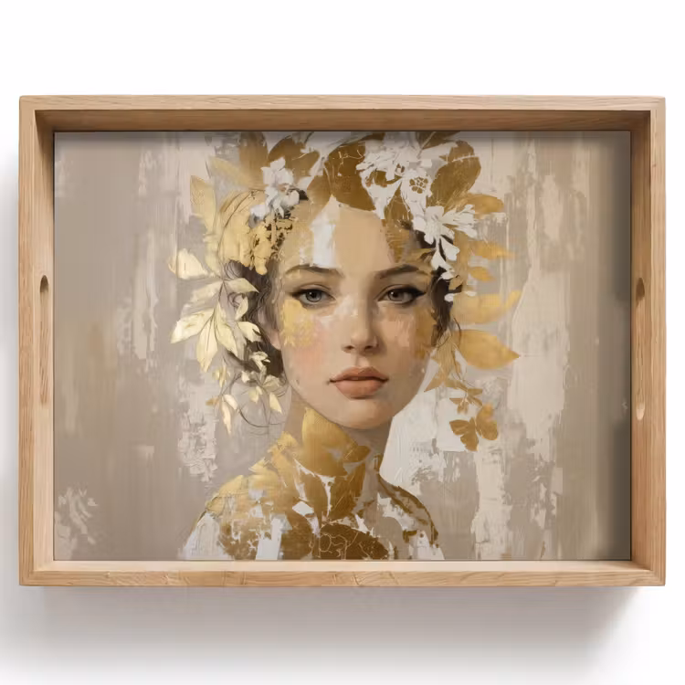 Gezicht - Vrouw - Bladeren - Goud Dienblad Rechthoek middel -z3d_shopping
