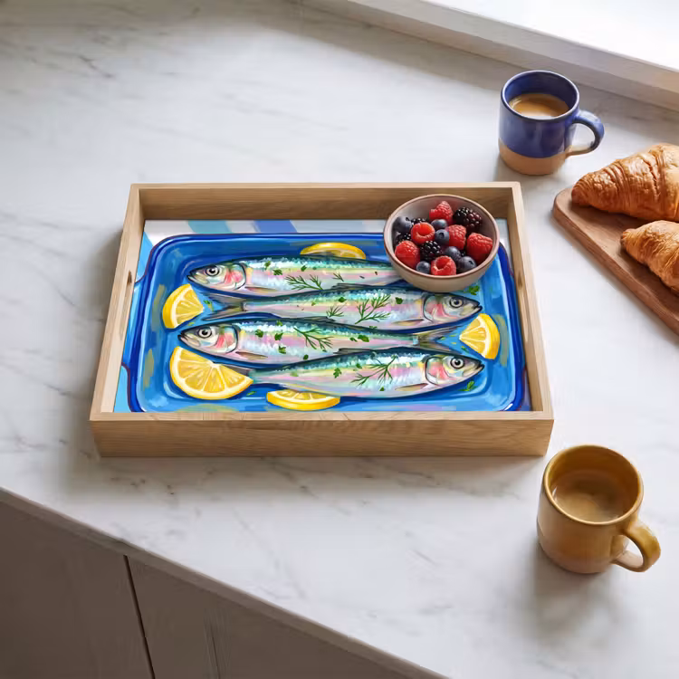 Vis - Citroen - Kruiden - Eten - Blauw Dienblad Rechthoek middel -sfeer2