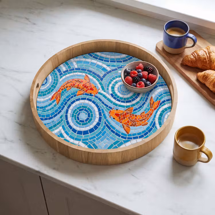 Vis - Mozaïek - Water - Decoratief - Blauw Dienblad Rond middel -sfeer2