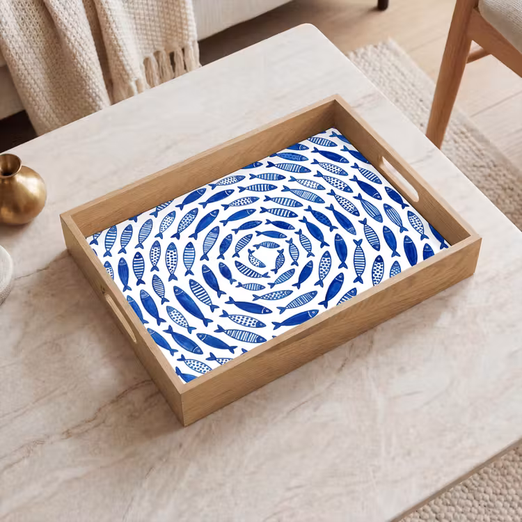Vis - Patroon - Onderwater - Abstract - Blauw Dienblad Rechthoek middel -sfeer1