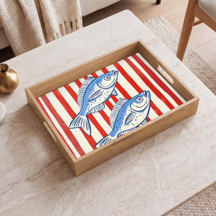 Vissen - Verticale strepen - Blauw - Rood Dienblad Rechthoek middel -sfeer1