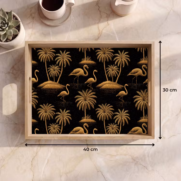 Flamingo - Palmbomen - Tropisch - Goud - Zwart Dienblad Rechthoek middel 911 -USP_Formaat