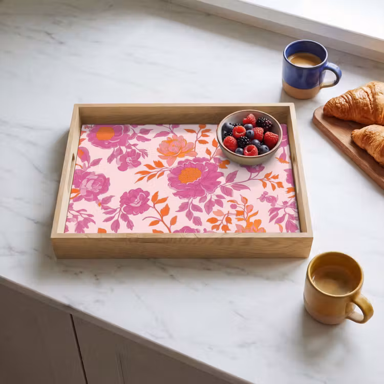Bloemenpatroon - Roze - Oranje - Bloemen Dienblad Rechthoek middel -sfeer2