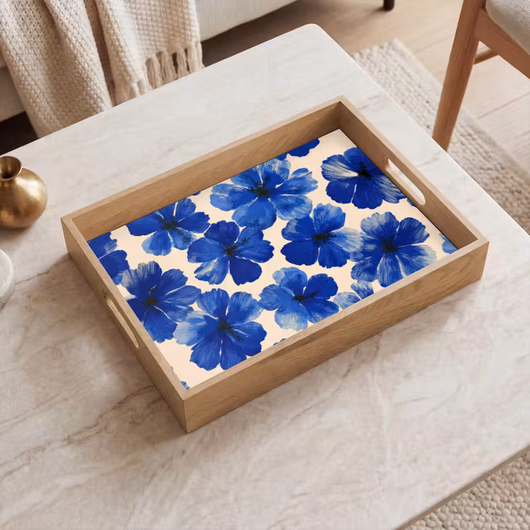 Bloemen - Blauw -Patroon - Wit Dienblad Rechthoek middel -sfeer1