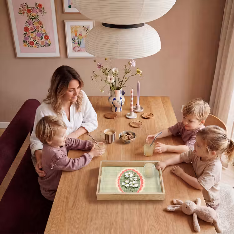 Bloemen - Illustratie - Geruit - Groen Dienblad Rechthoek middel -sfeer4
