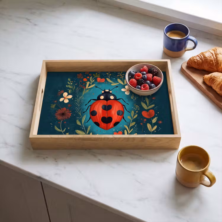 Bloemen - Lieveheersbeestje - Hartje - Rood Dienblad Rechthoek middel -sfeer2