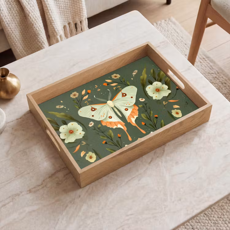 Bloemen - Bladeren - Olijfgroen - Vlinder Dienblad Rechthoek middel -sfeer1
