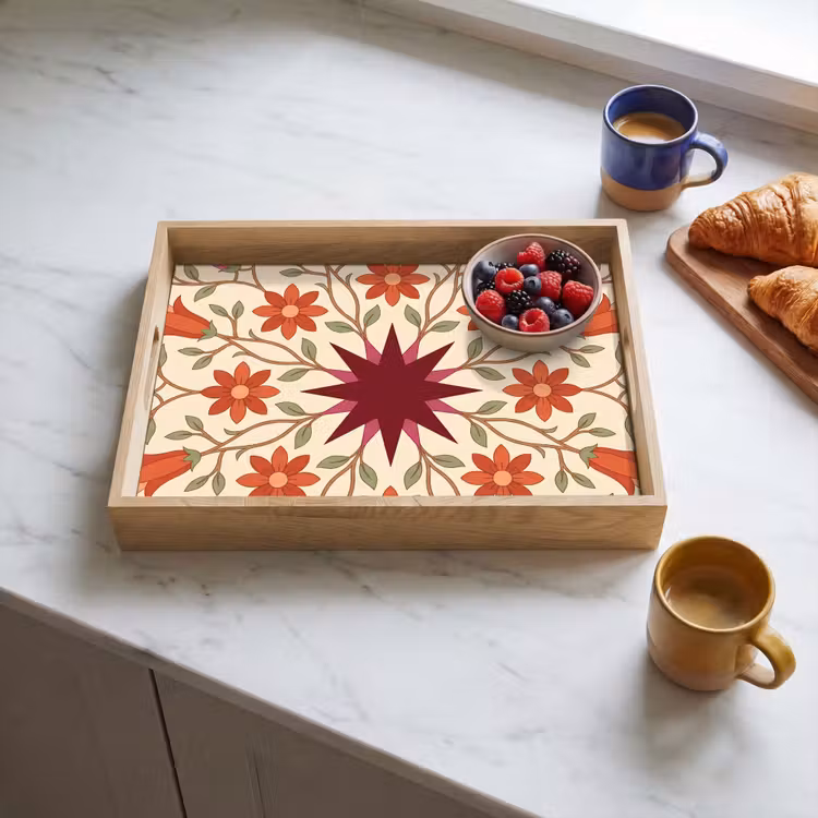 Bloemen - Mandala - Decoratief - Rood Dienblad Rechthoek middel -sfeer2