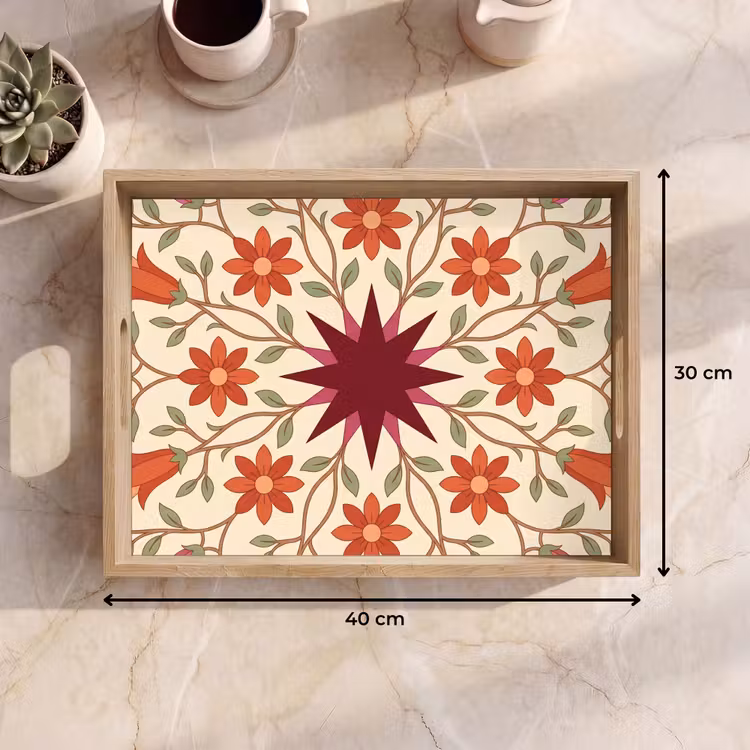 Bloemen - Mandala - Decoratief - Rood Dienblad Rechthoek middel -USP_Formaat