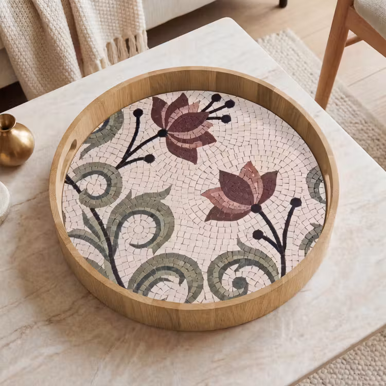Bloemen - Mozaïek - Patroon - Abstract - Groen Dienblad Rond middel -sfeer1